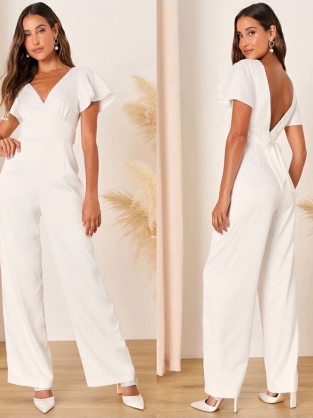 Lulus Romantic Beginnings Satin Flutter Sleeve Wide Leg Ivory Jumpsuit